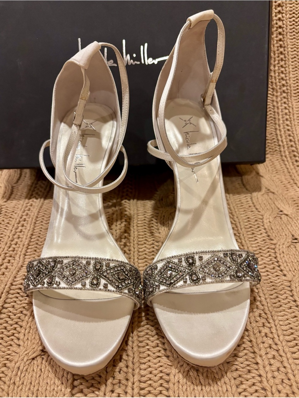 Nicole Miller Ivory Satin Crystal-Embellished Ankle-Strap Heels (Never worn)